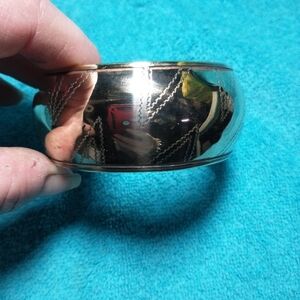 Gold Brass Etched Bangle Bracelet wide large mirror finish vintage